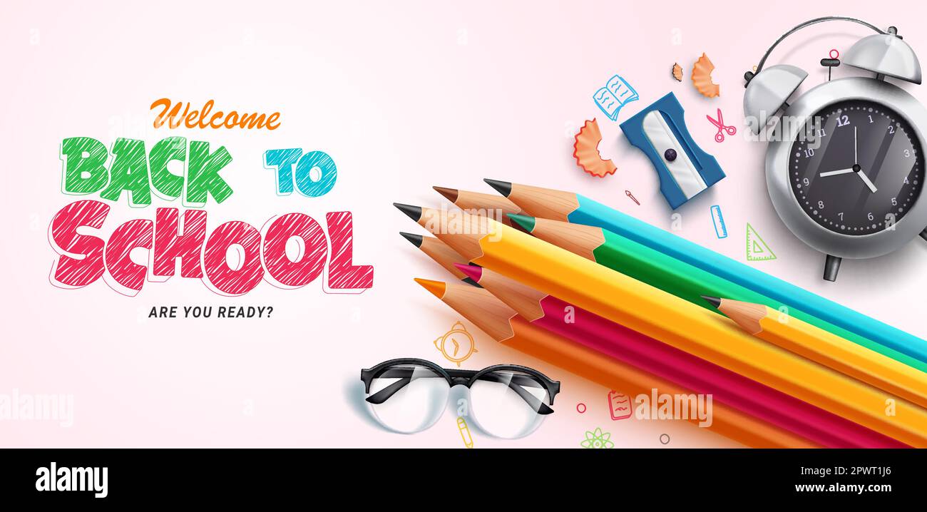 Back to school vector design. Back to school greeting text with color pencil supplies and art drawing tools in background. Vector illustration school Stock Vector
