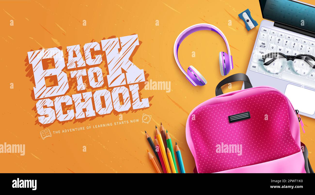 Back to school vector design. Back to school text with bag and laptop tools element for educational activity. Vector illustration school background. Stock Vector