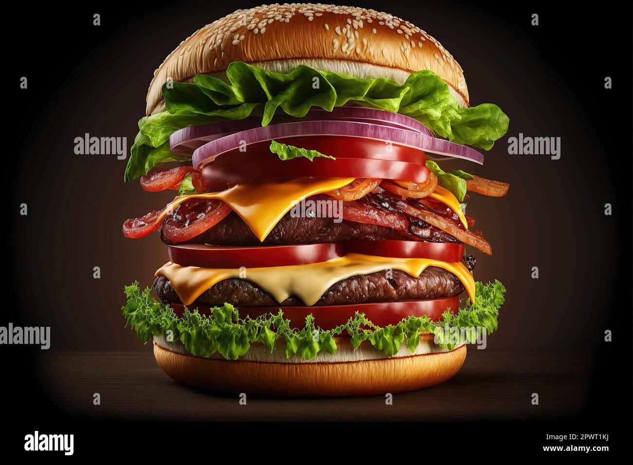 Bacon cheese burger with beef patty tomato onion, hamburger menu Stock