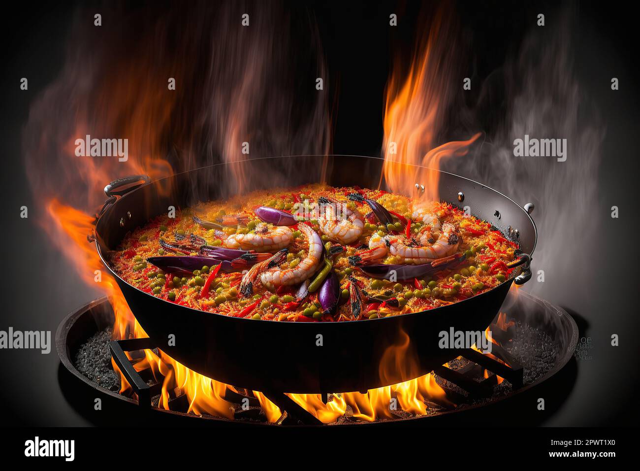 Pan with traditional paella and burner stock photo Stock Photo Alamy