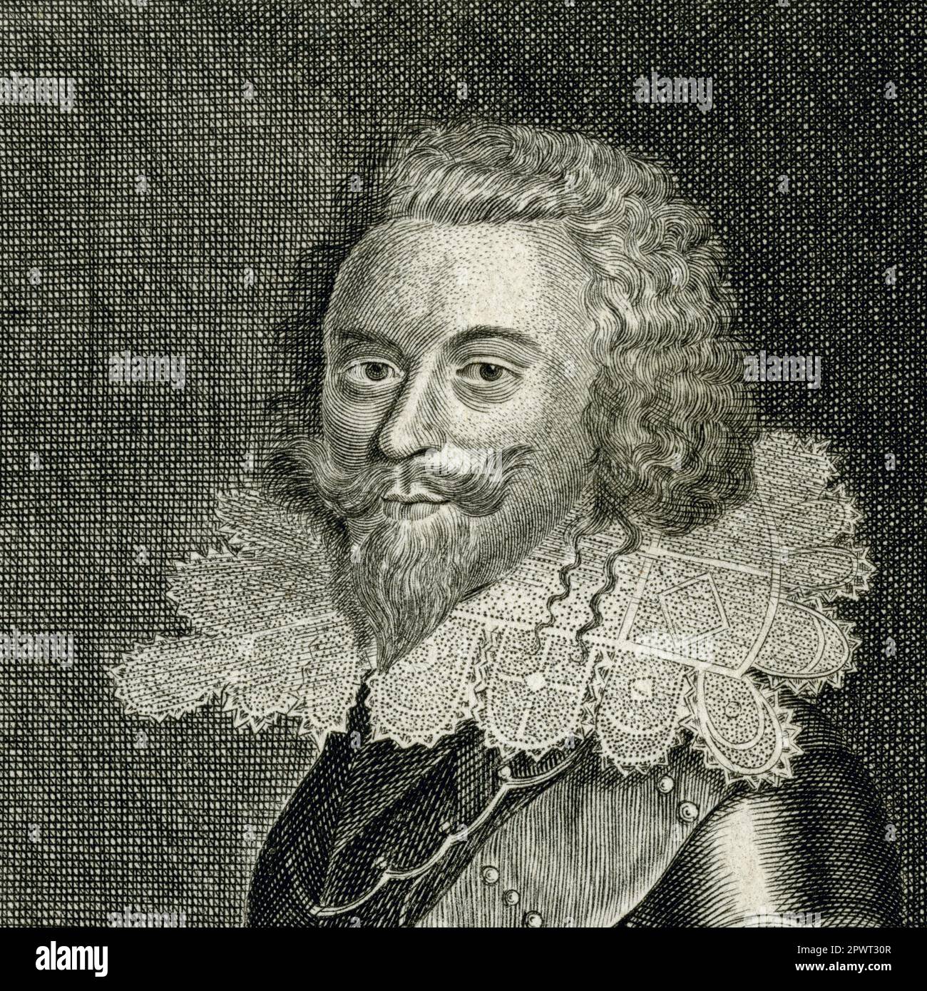 George Villiers, 1st Duke of Buckingham (1592-1628), said to be 'the most handsomest-bodied man in all of England', a favourite of both King James I of England and VI of Scotland and of his son, King Charles I. Square detail of engraving created in the 1700s after a portrait painted by Cornelius Johnson (1593-1661). Stock Photo