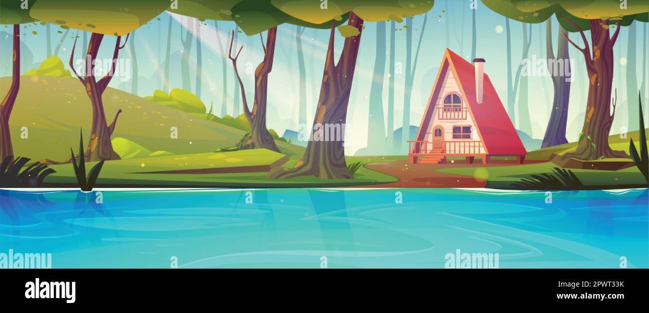 Cottage house in forest near river fairytale background illustration. Tree and lake cartoon landscape with hut on riverside. Lonely home in wild natur Stock Vector