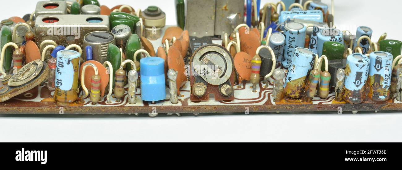 Vintage Radio circuit board components isolated on white background