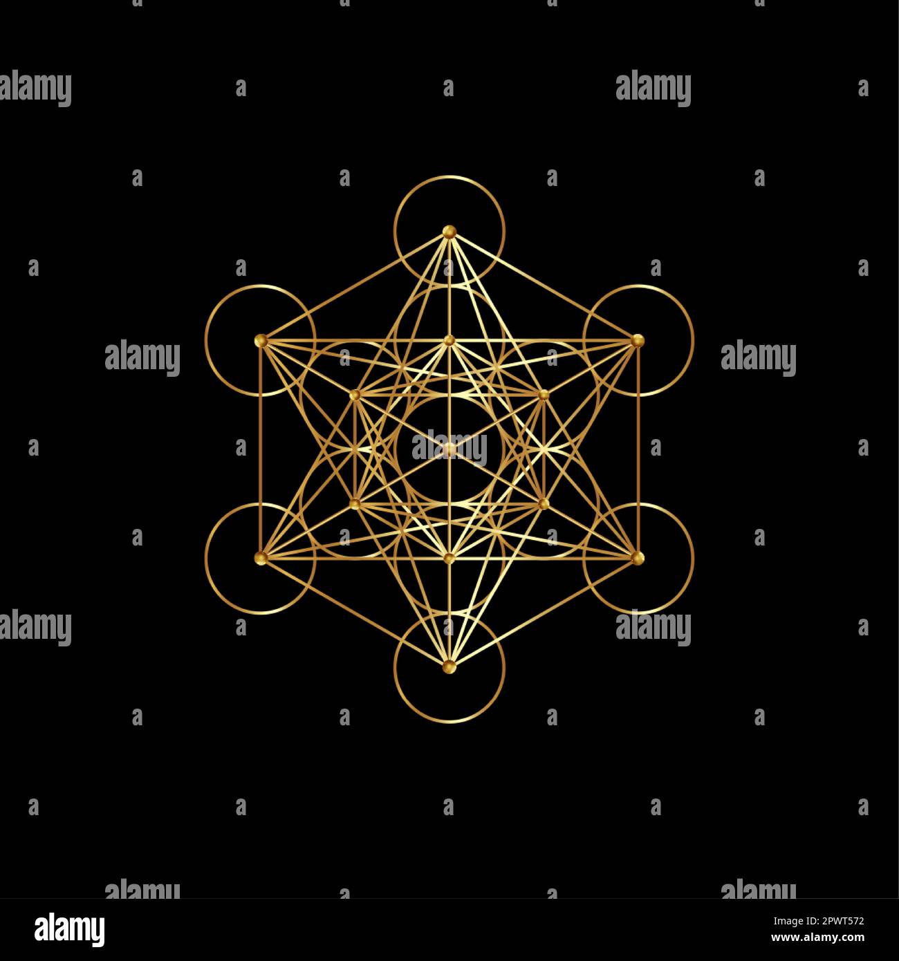Gold Metatrons Cube,  Flower of Life. Sacred geometry, golden graphic element Vector isolated on black background. Mystic icon platonic solids Stock Vector