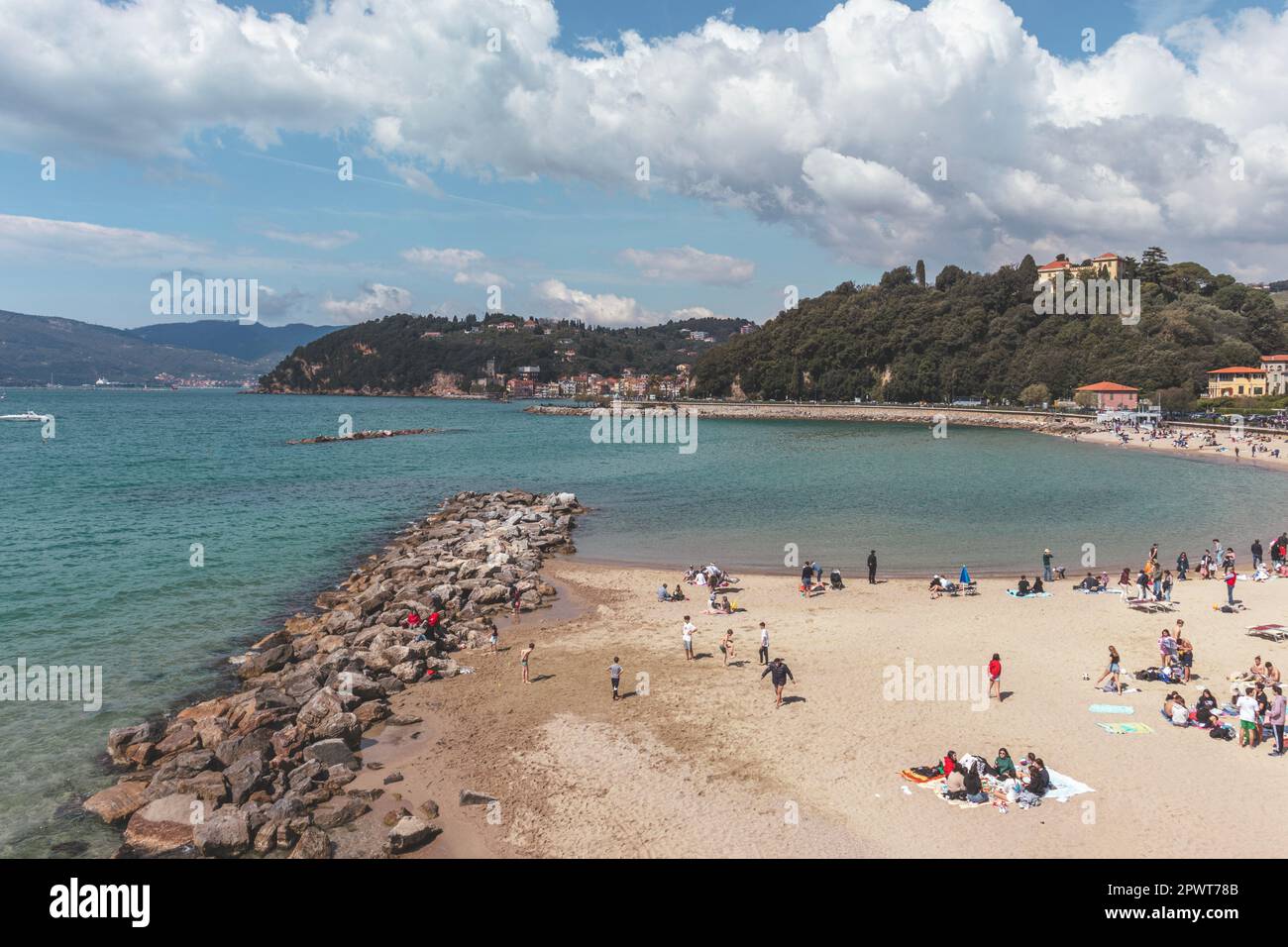 Lerici, Italy - 2023.04.25: Aerial View of people crowd relaxing on the beach Stock Photo