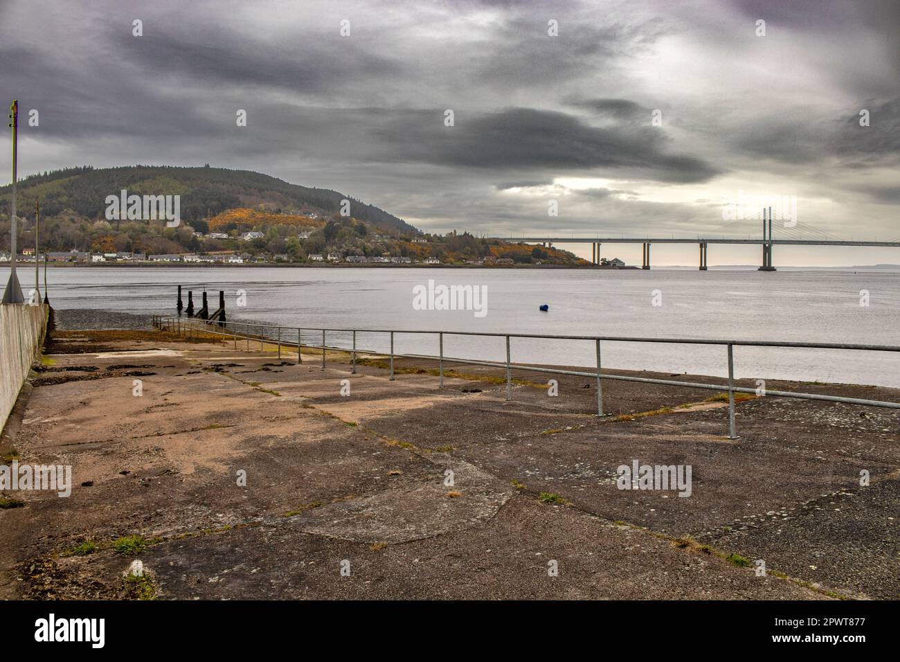 Inverness Scotland the Kessock Bridge and the old ferry slipway on the Beauly Firth Stock Photo