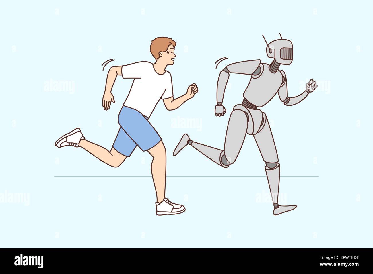 Robot and human running competition together. Robotic machine or android win race finish first. Artificial intelligence and new technology. Vector ill Stock Photo