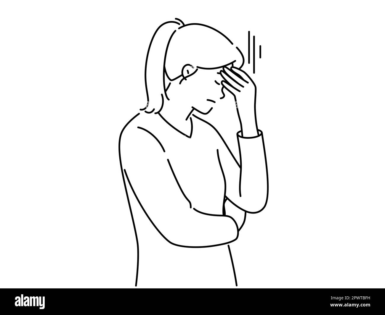 Unhappy young woman feeling stressed thinking of problem. Upset pensive female distressed with troubles and issues. Vector illustration. Stock Photo
