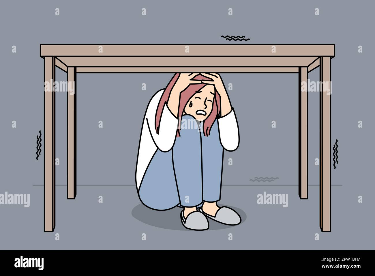 Unhappy woman feel scared and terrifies hide under table. Stressed