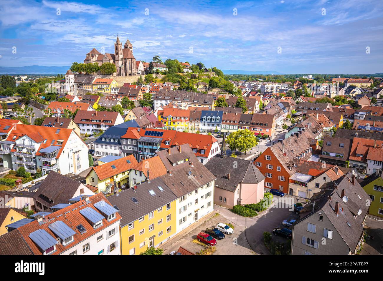 Historic town of Breisach cathedral and rooftops view, Baden ...