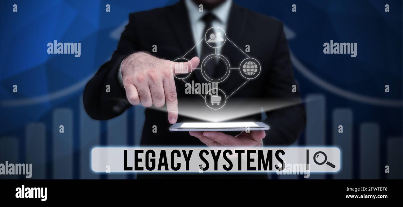 Sign displaying Legacy Systems, Word Written on old method technology computer system or application program Stock Photo
