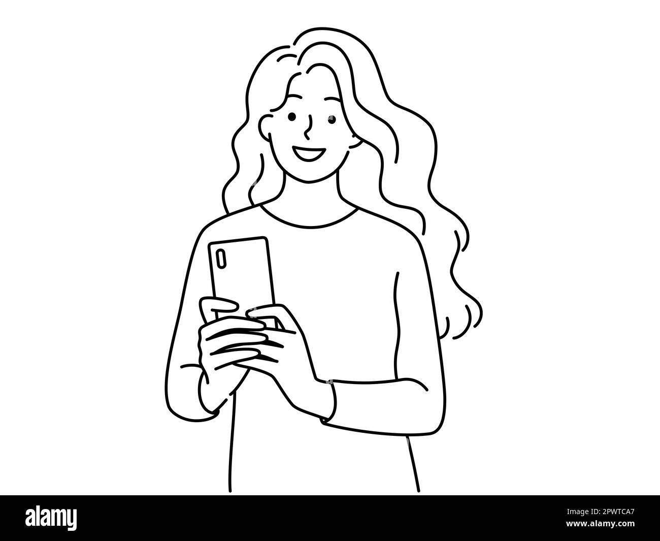 Smiling young woman make self-portrait on cellphone. Happy African American girl take selfie on smartphone. Vector illustration. Stock Photo