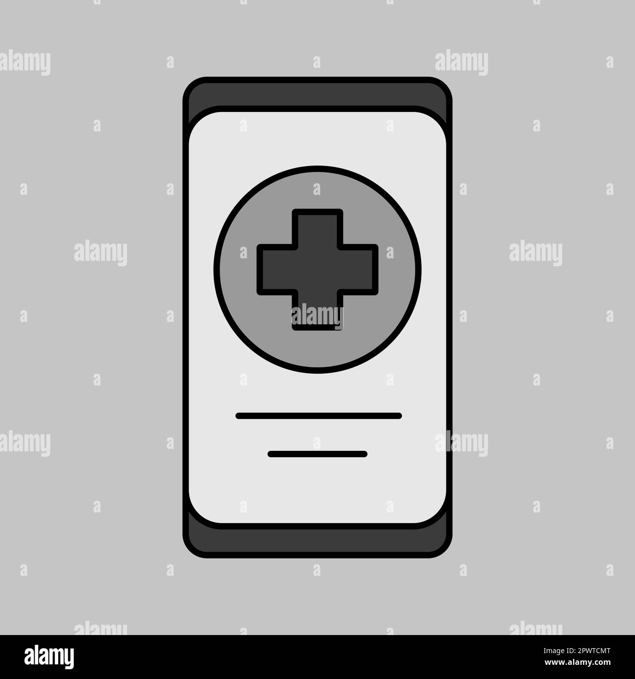 Smartphone with medical cross vector grayscale icon. Medicine and medical support sign. Graph symbol for medical web site and apps design, logo, app, Stock Photo