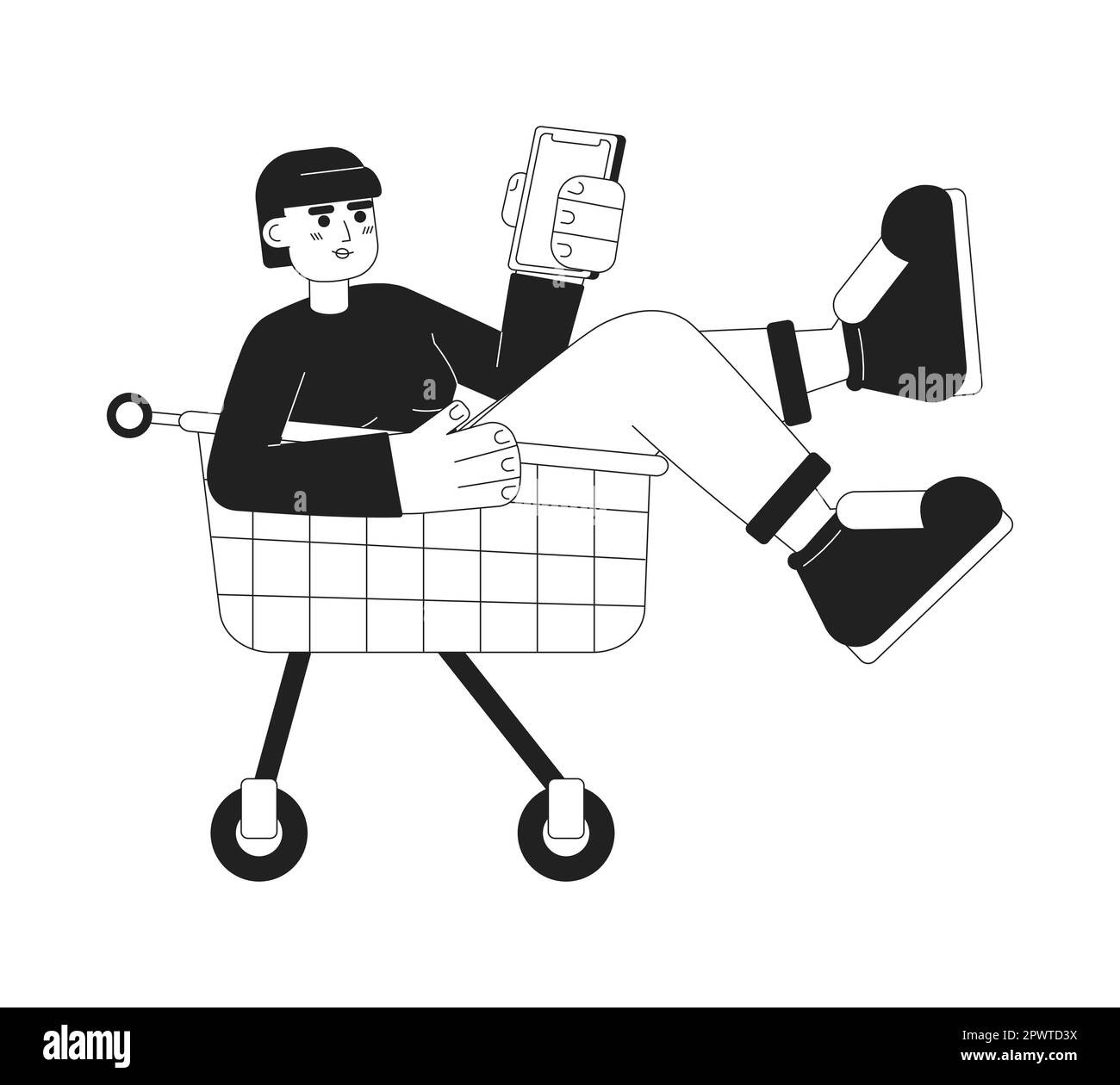 Online shopper choosing goods in shopping trolley monochromatic flat