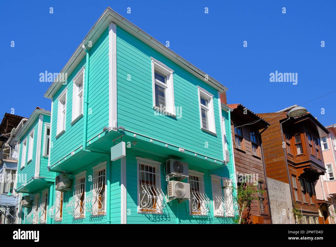 Istanbul, Turkey - May, 2022. Exterior facade of a colorful building in Istanbul, Turkey. Stock Photo
