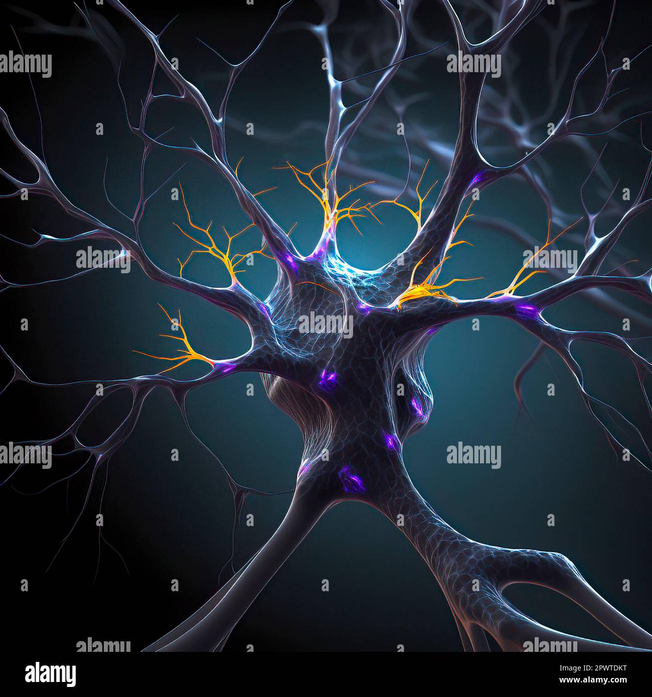 Neuron Releasing Neurotransmitters that Attach to Receptors on Adjacent Neurons and either Excite or Inhibit their Activity Stock Photo