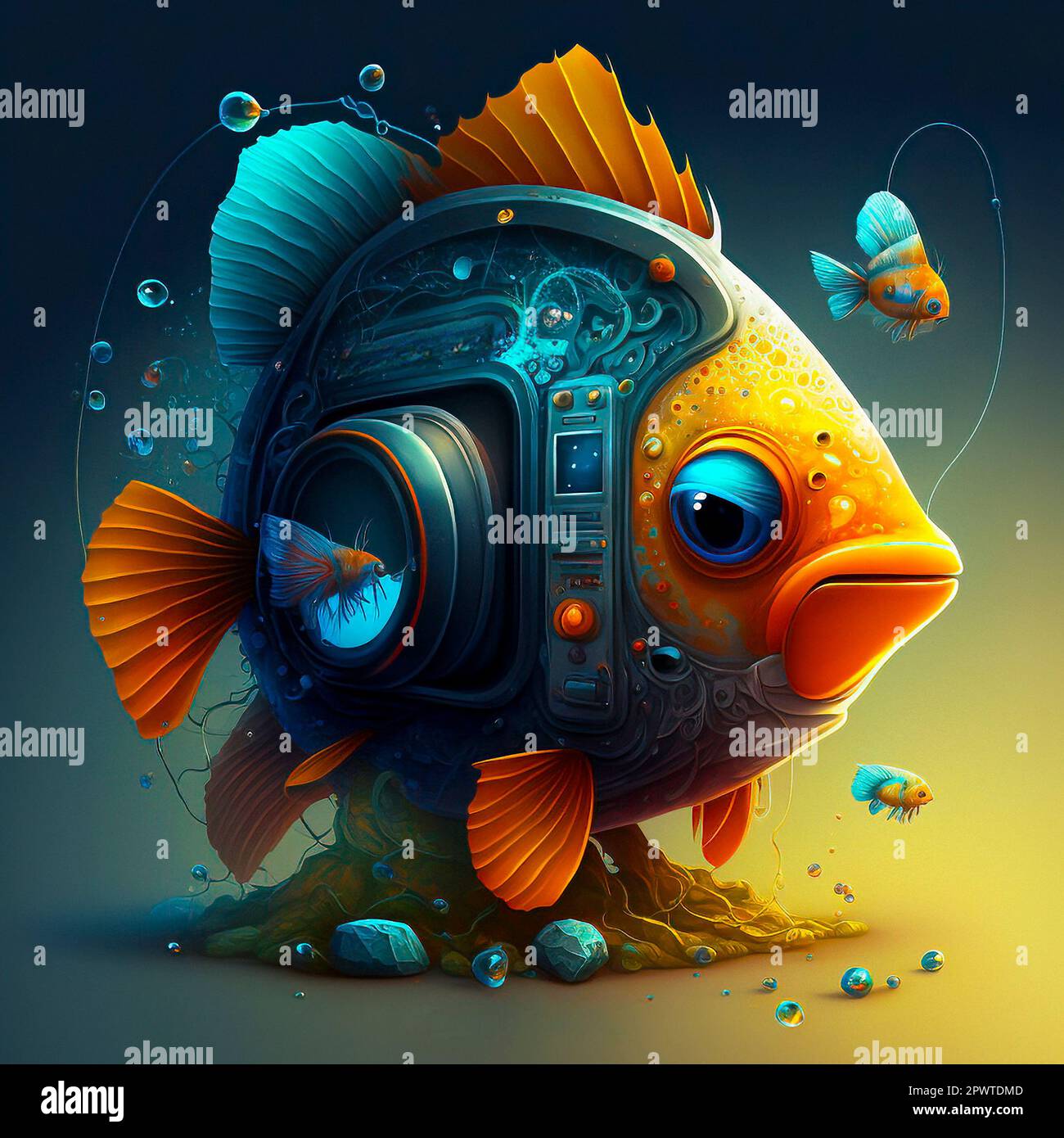 Fiction Character Cute Colorful Fish with a Fish Tank Inside it and a Fishing  Lure Stock Photo - Alamy