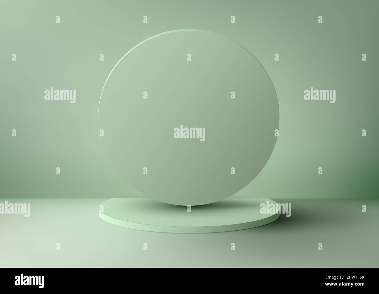 3D realistic empty green podium stand with circle backdrop on minimal wall scene green background. Product display for beauty cosmetic advertising, mo Stock Vector