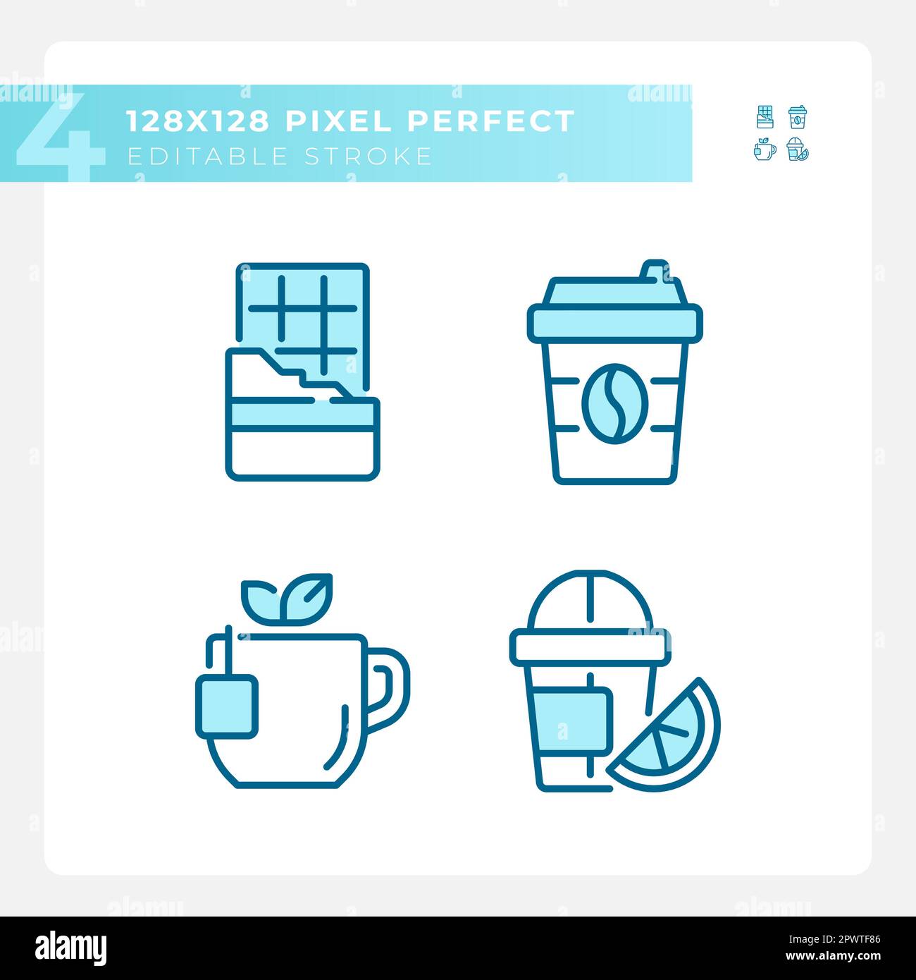 Drinks and desserts pixel perfect blue RGB color icons set Stock Vector