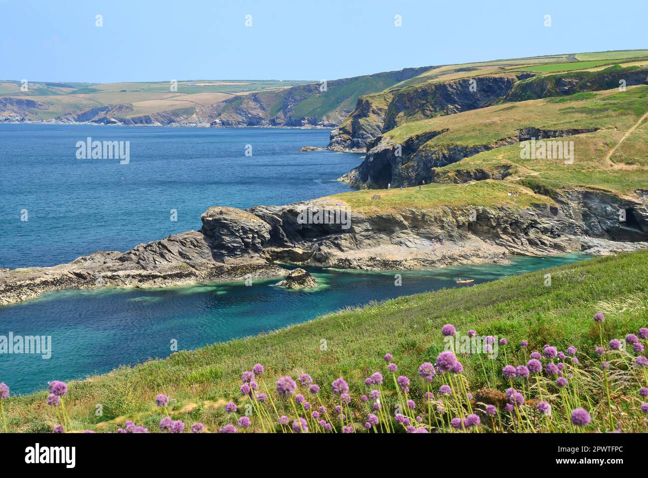 Coastal view from coastal path, Port Gaverne, Port Isaac, Cornwall, England, United Kingdom Stock Photo