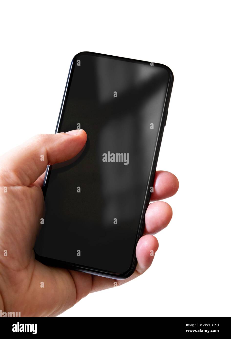 Hand holding a smartphone with blank black screen. Isolated on white ...