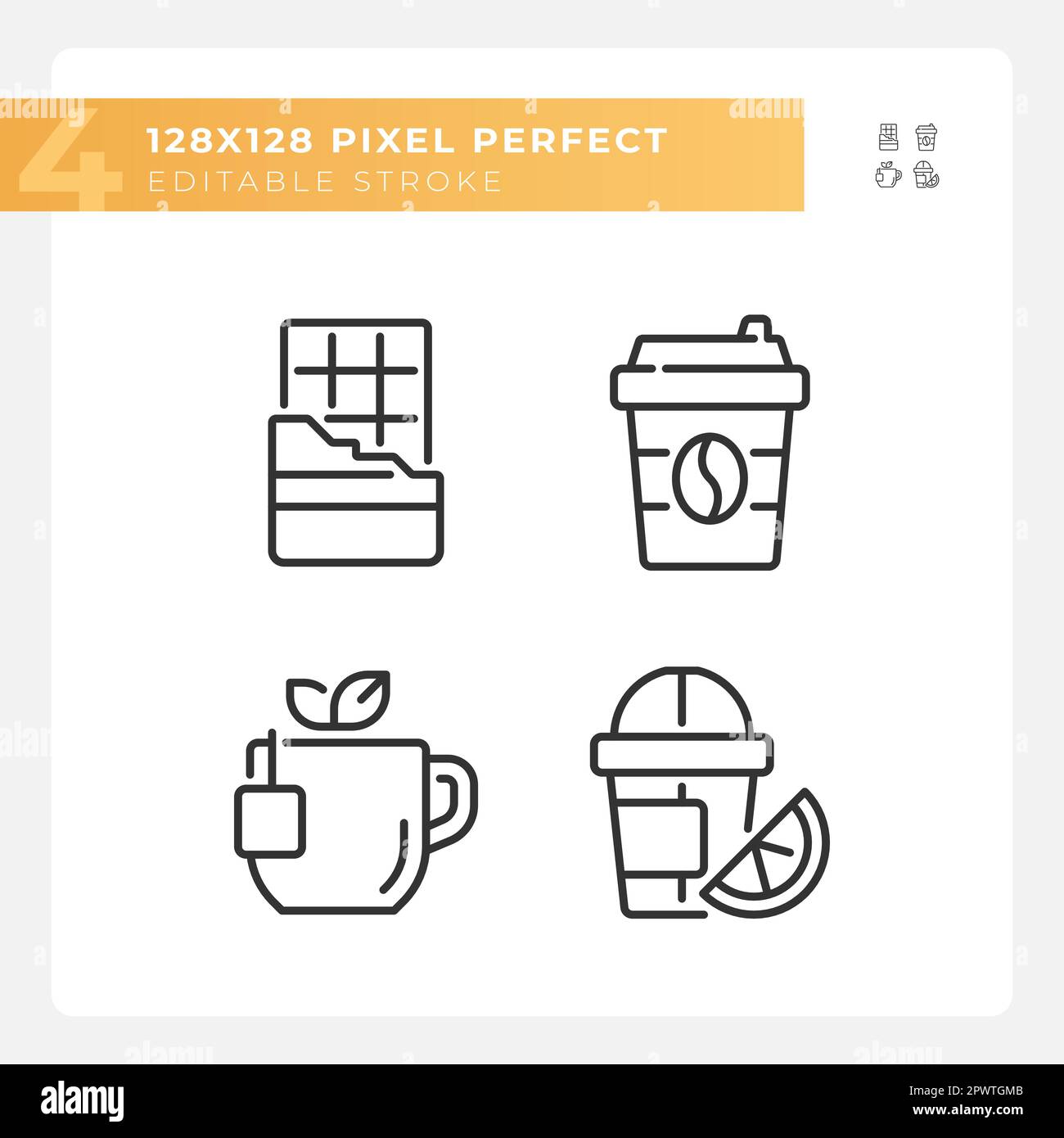 Drinks and desserts pixel perfect linear icons set Stock Vector
