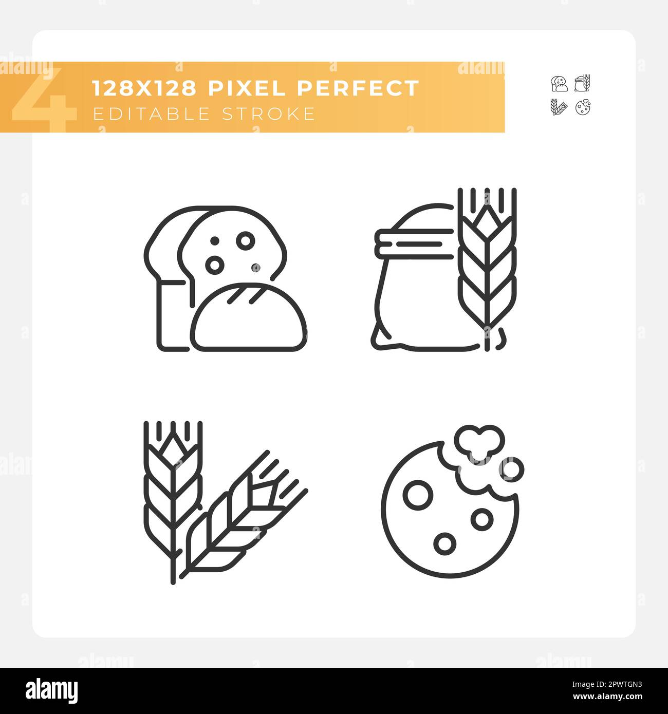 Bakery and bread pixel perfect linear icons set Stock Vector