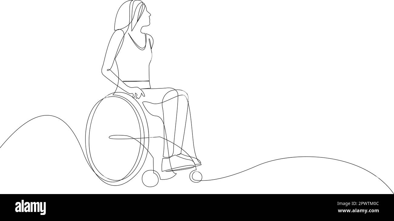 One line drawing of a disabled woman on a wheelchair. Continuous one line art. Hand drawn doodle. Vector illustration Stock Vector