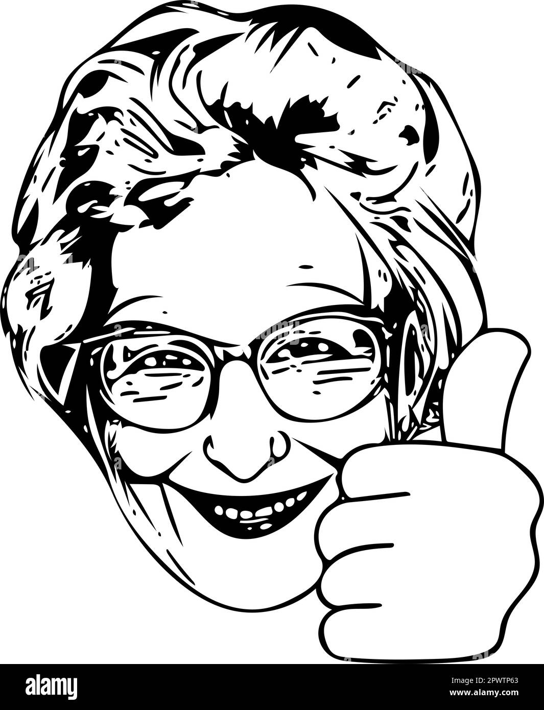 Friendly grandmother showing thumbs up as outline vector. Stock Vector