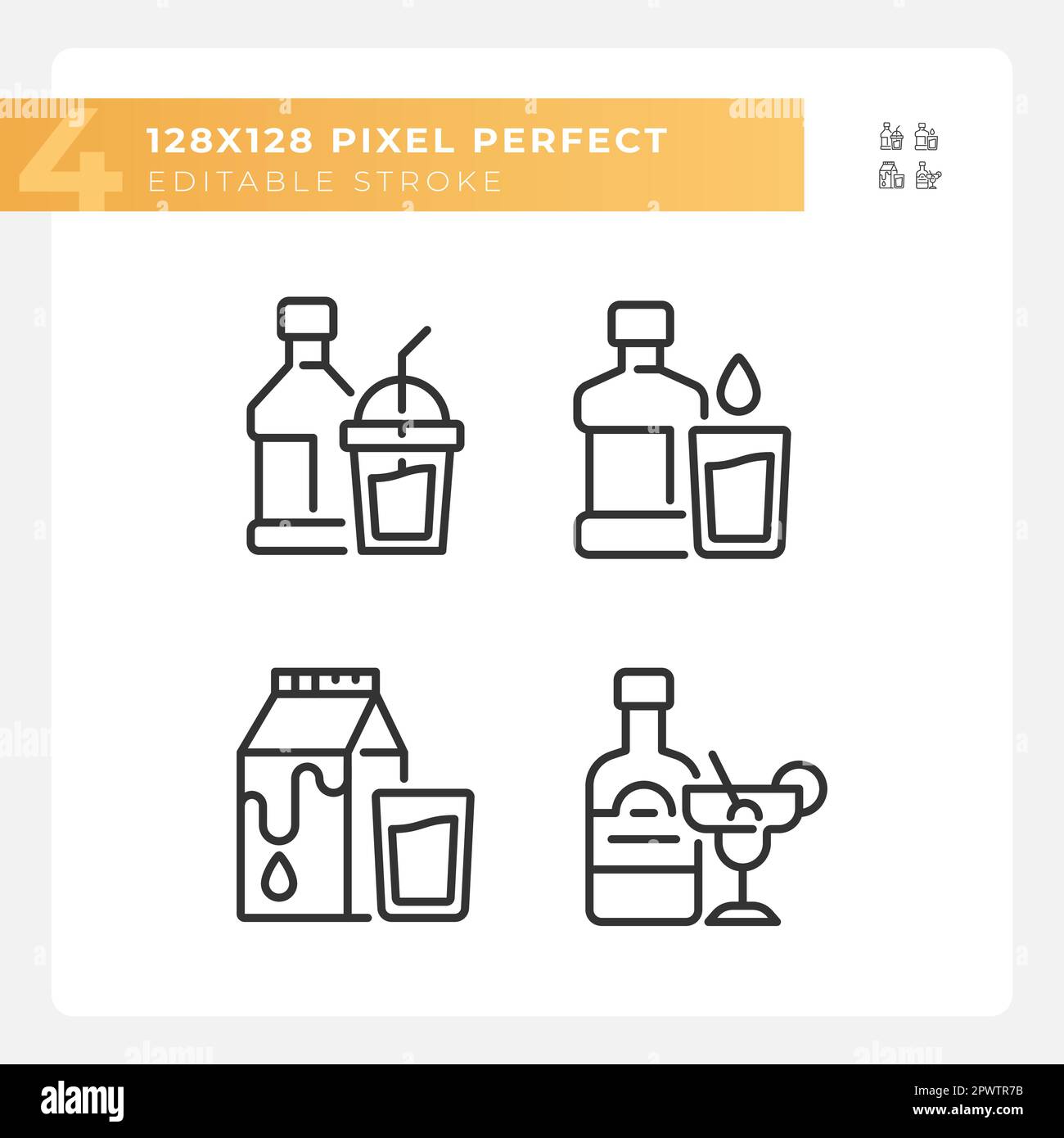 Bottled beverages pixel perfect linear icons set Stock Vector