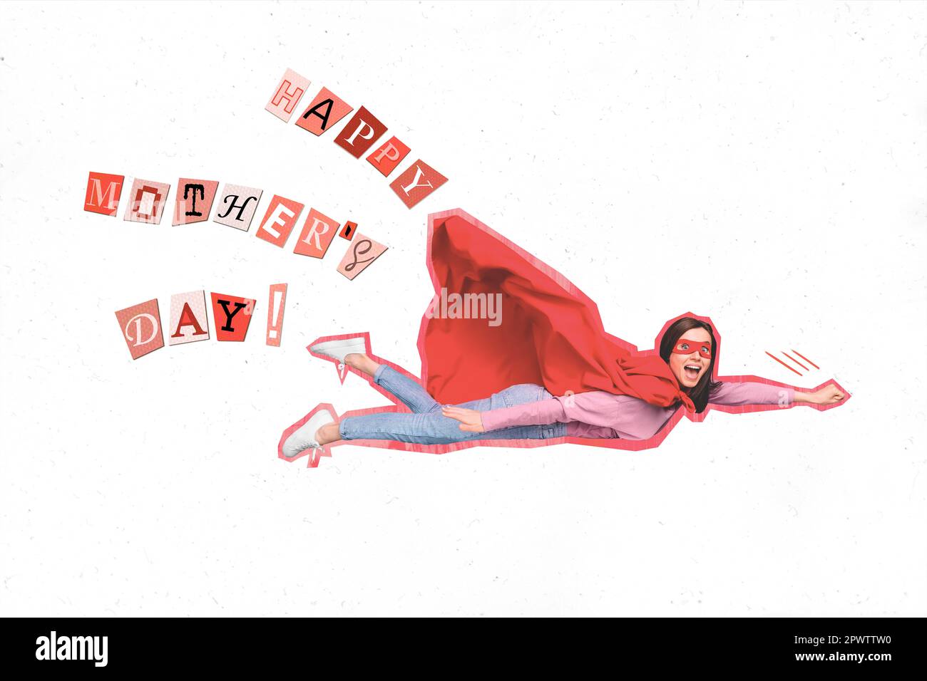 Adult young daughter wear superhero red carnival costume flying rushing to greet her aged mom mother day visit home collage Stock Photo
