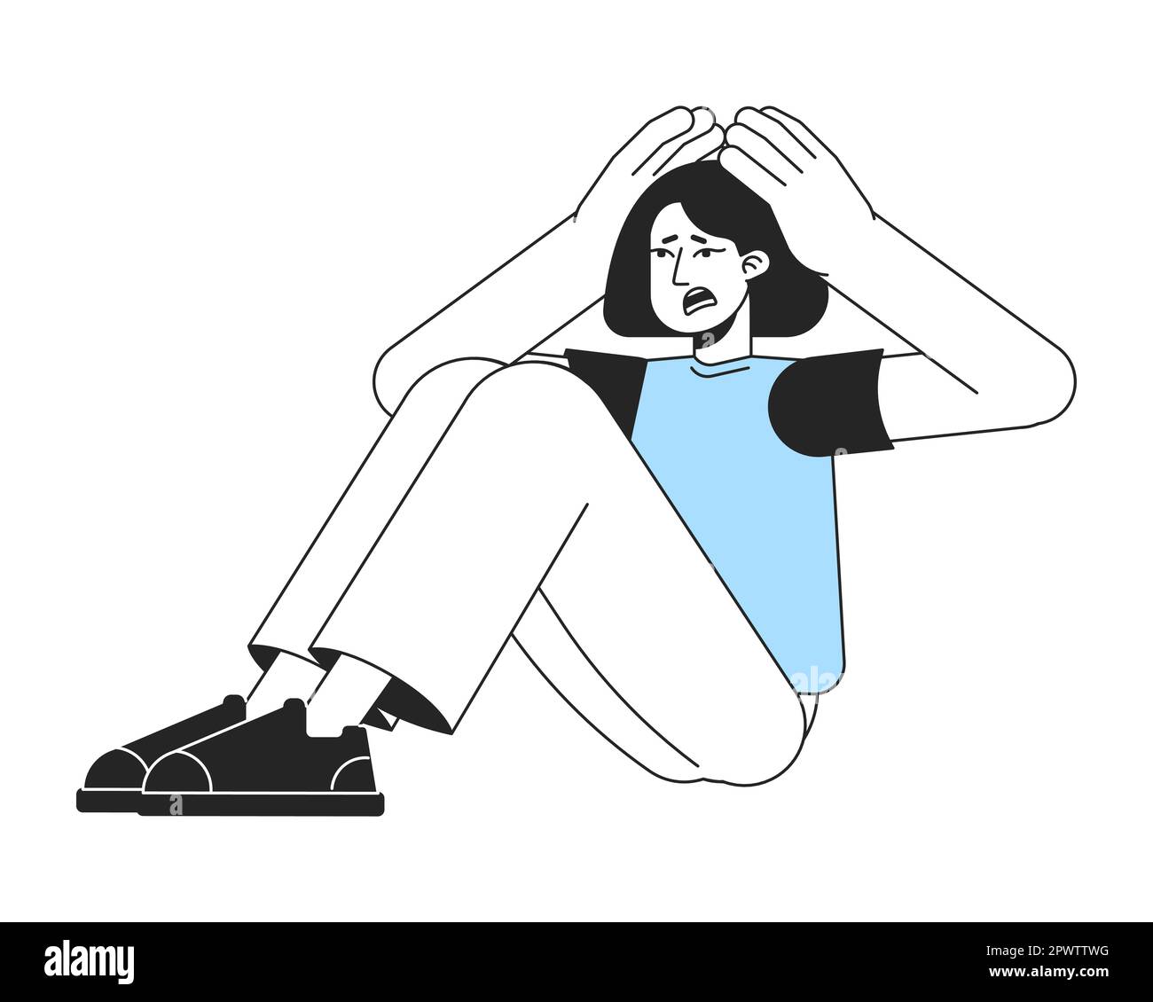 Shocked girl sitting and holding head flat line color vector character