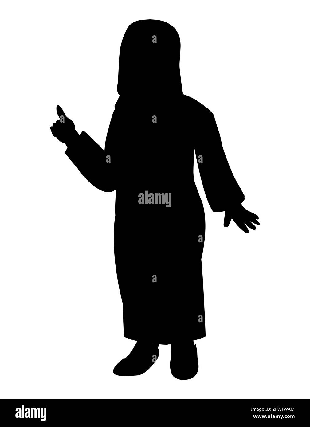 Black silhouette of a Muslim woman pointing one finger in the sky, one