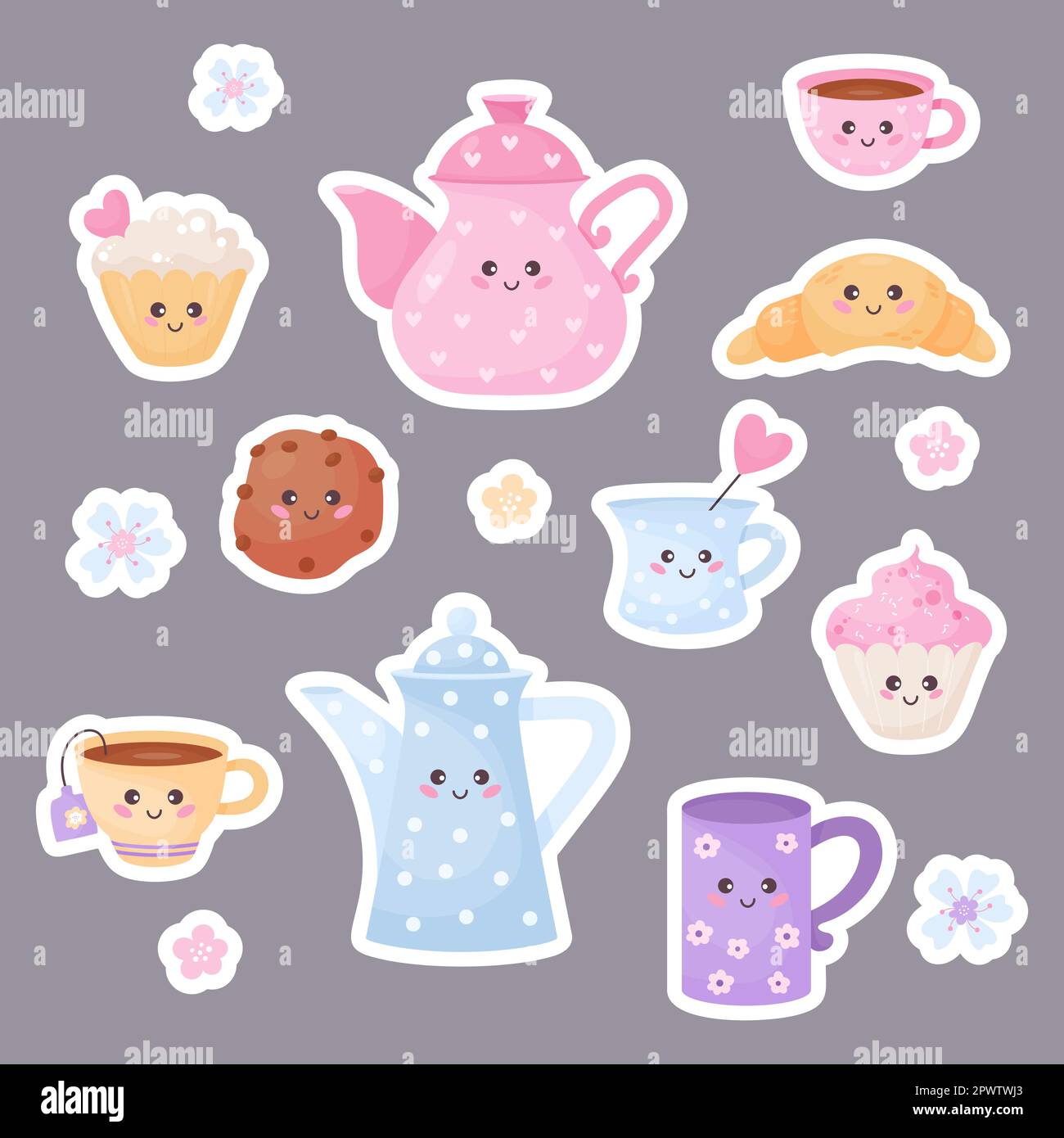Cute characters stickers cup, teapots, croissant, muffin and cookies. Vector illustration