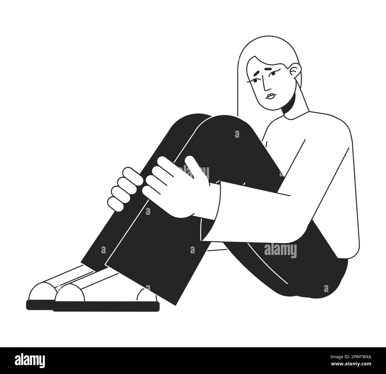 Upset girl hugs knees to chest flat line black white vector character