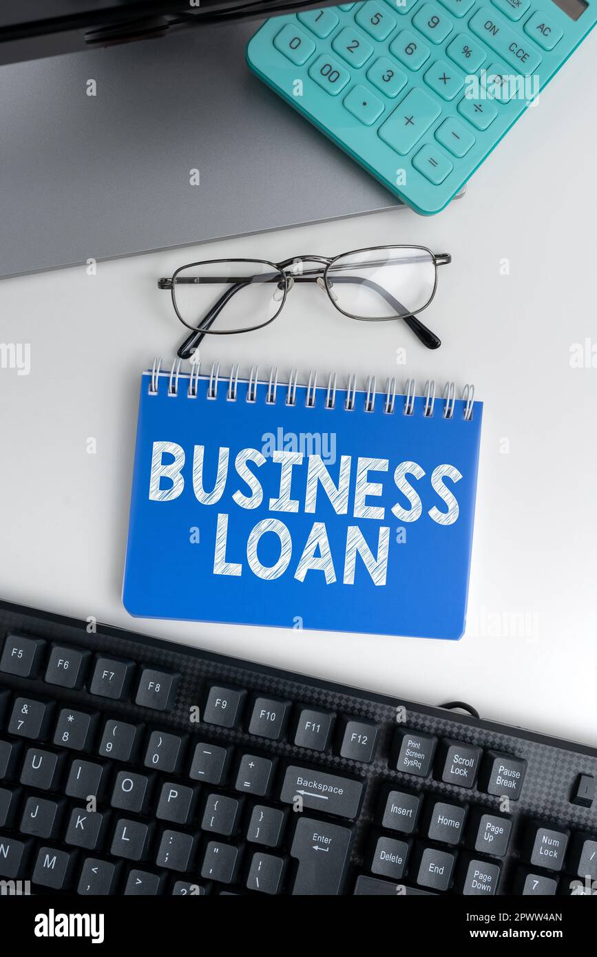 Text sign showing Business Loan, Word for Credit Mortgage Financial Assistance Cash Advances Debt Stock Photo