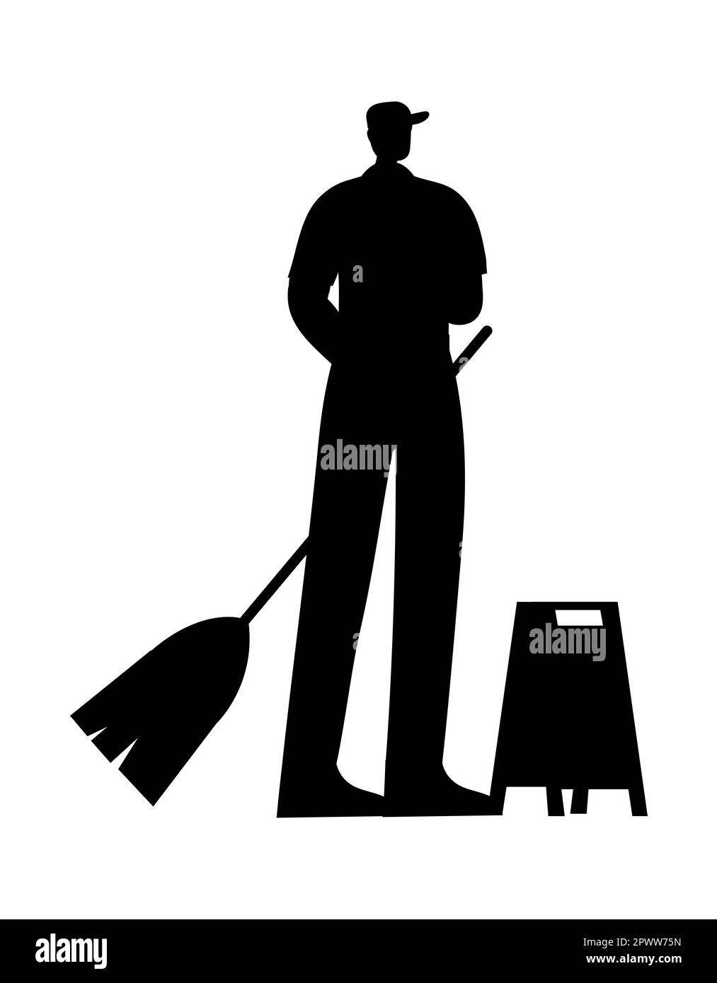 Black silhouette of a Janitor with a broom, a male cleaner character