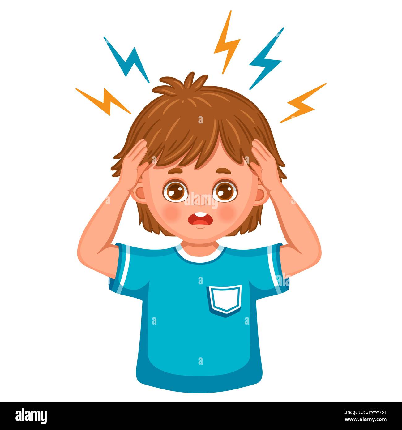 Headache, migraine, sad boy child suffer head pain, stress emotion, dizziness, panic icon. Kid character hold hand on forehead. Mental health. Vector Stock Vector