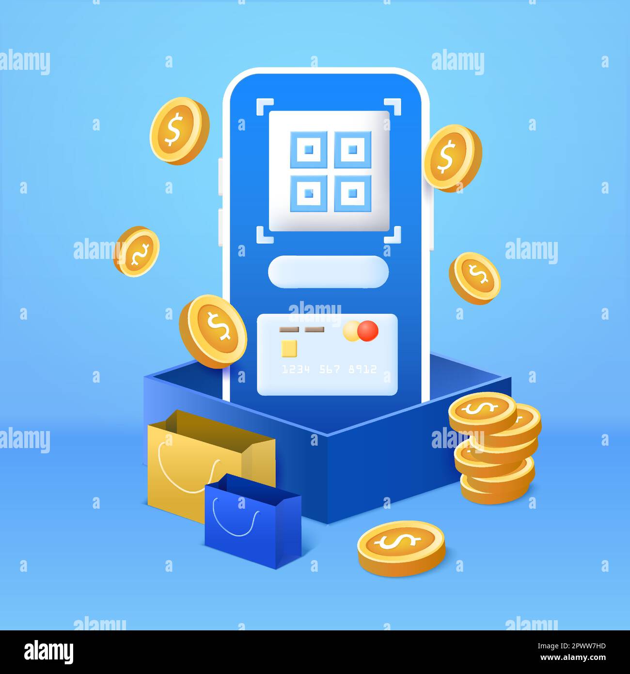 3D cardboard box with smartphone , credit card, debit card and flying