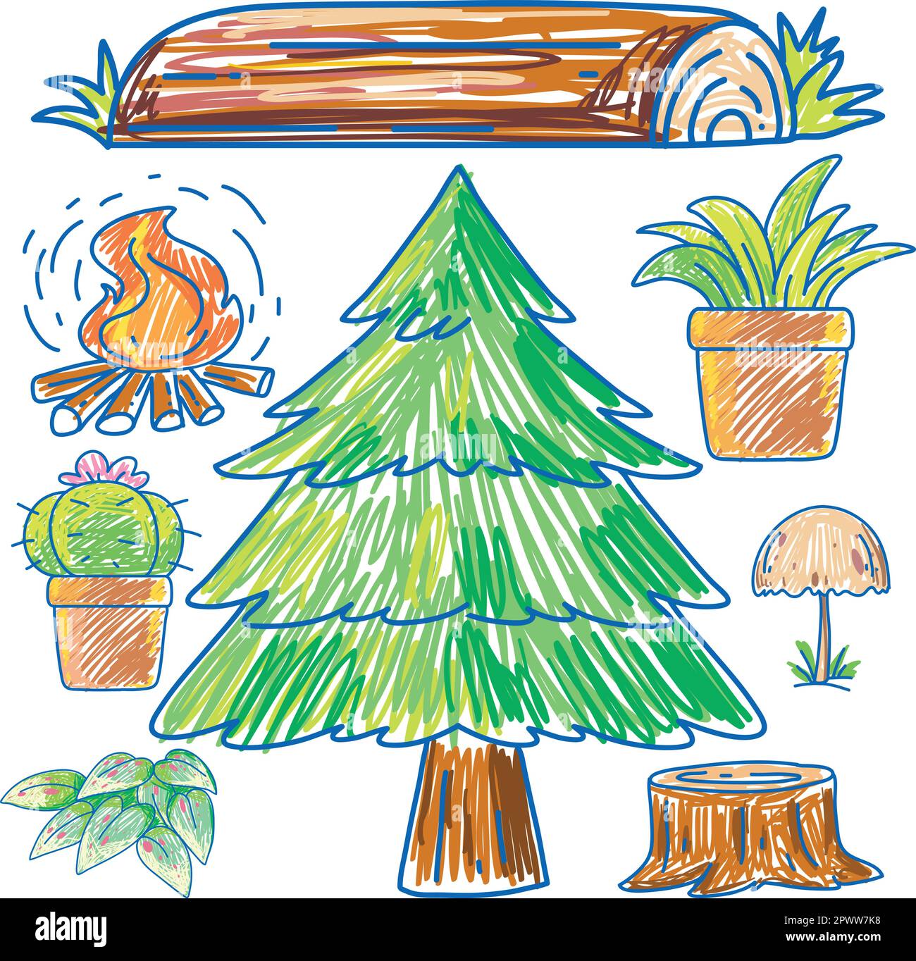 Set of nature and plants element scribble style illustration Stock ...