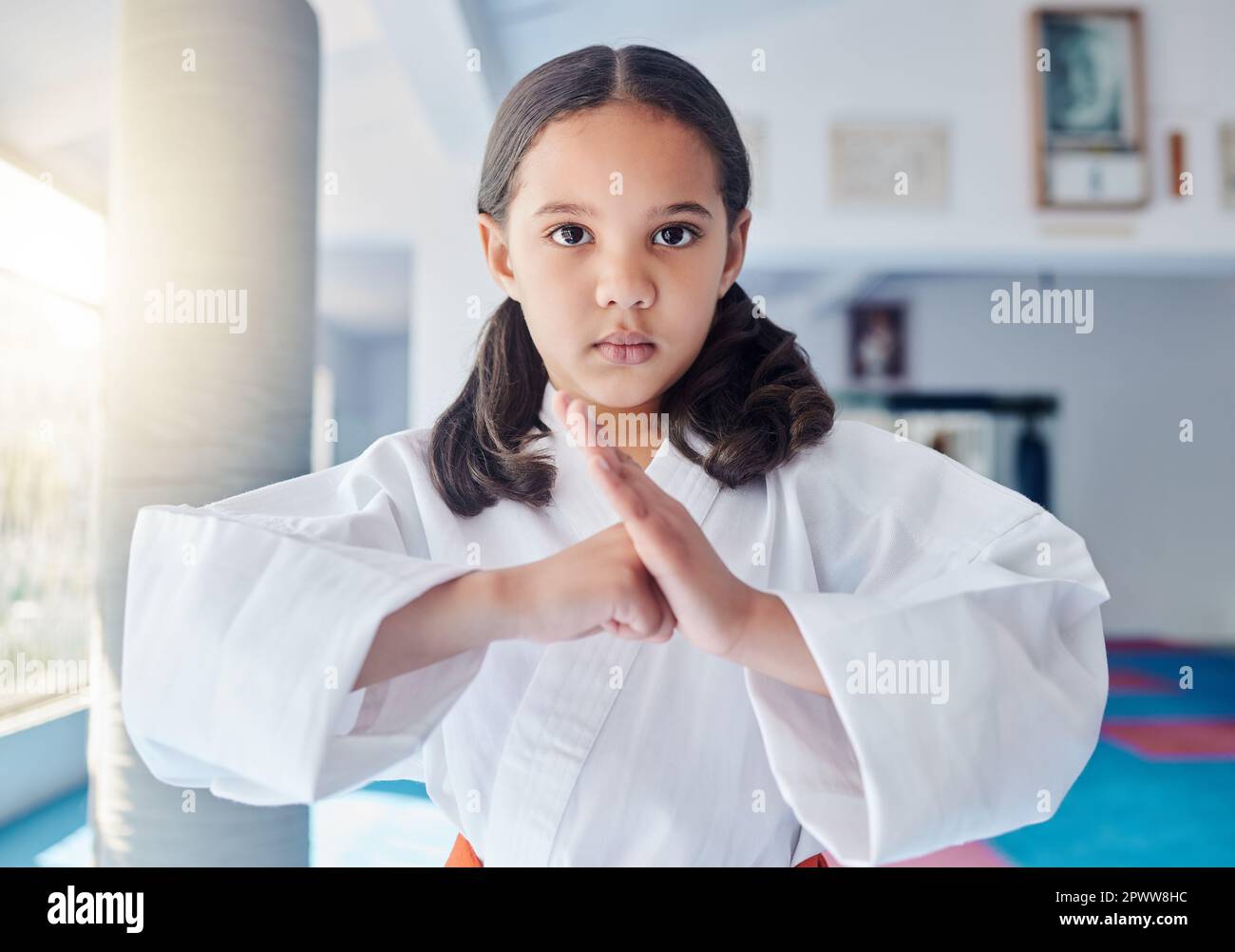 I pack a mean punch. a cute little girl practicing karate in a studio Stock Photo
