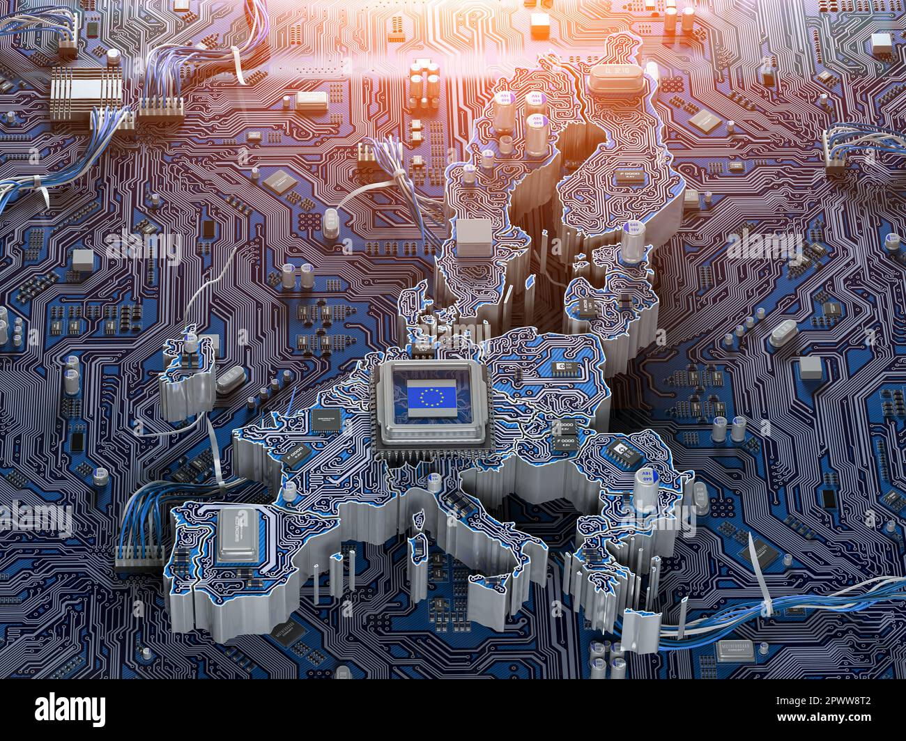 EU semiconductor industry, computer chips manufacturing  and artificial intelligenceconcept. Motherboard with CPU processor in form of map of European Stock Photo