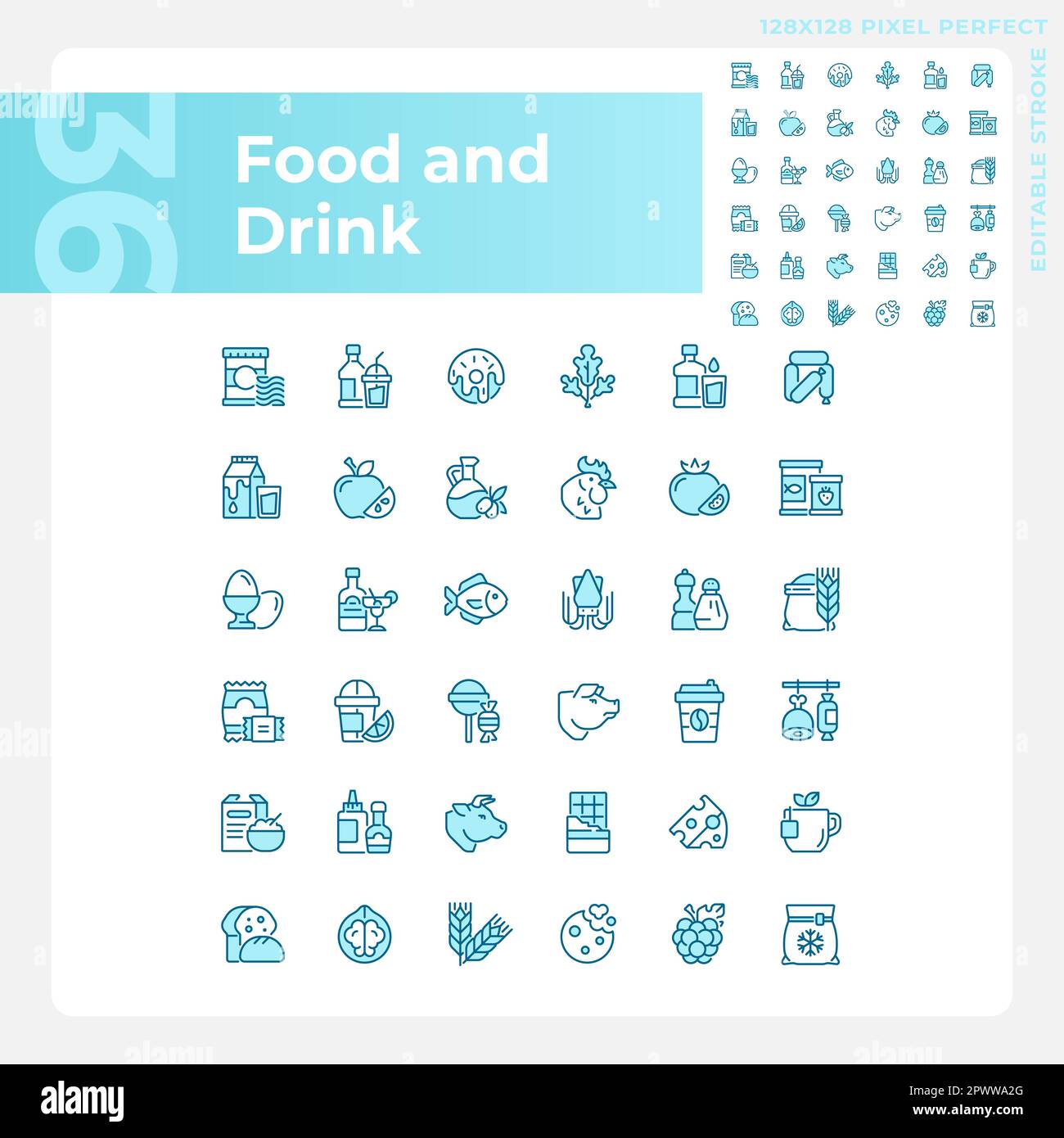 Food and drink pixel perfect blue RGB color icons set Stock Vector