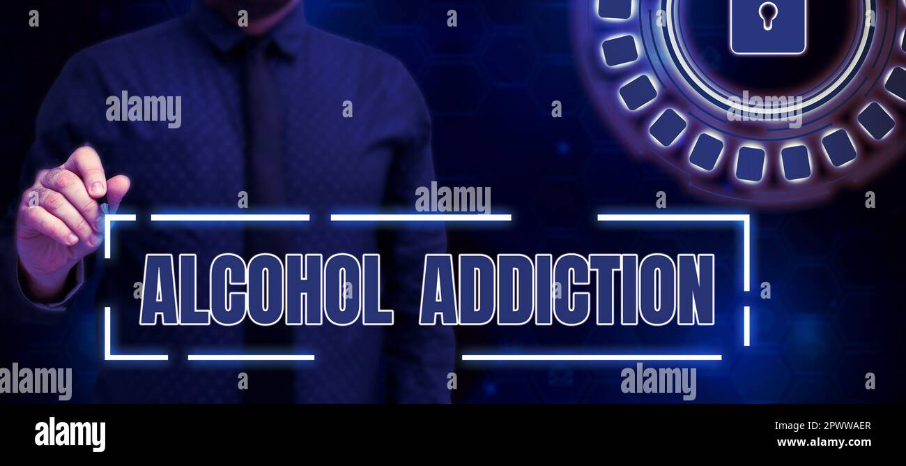 Hand writing sign Alcohol Addiction, Concept meaning characterized by