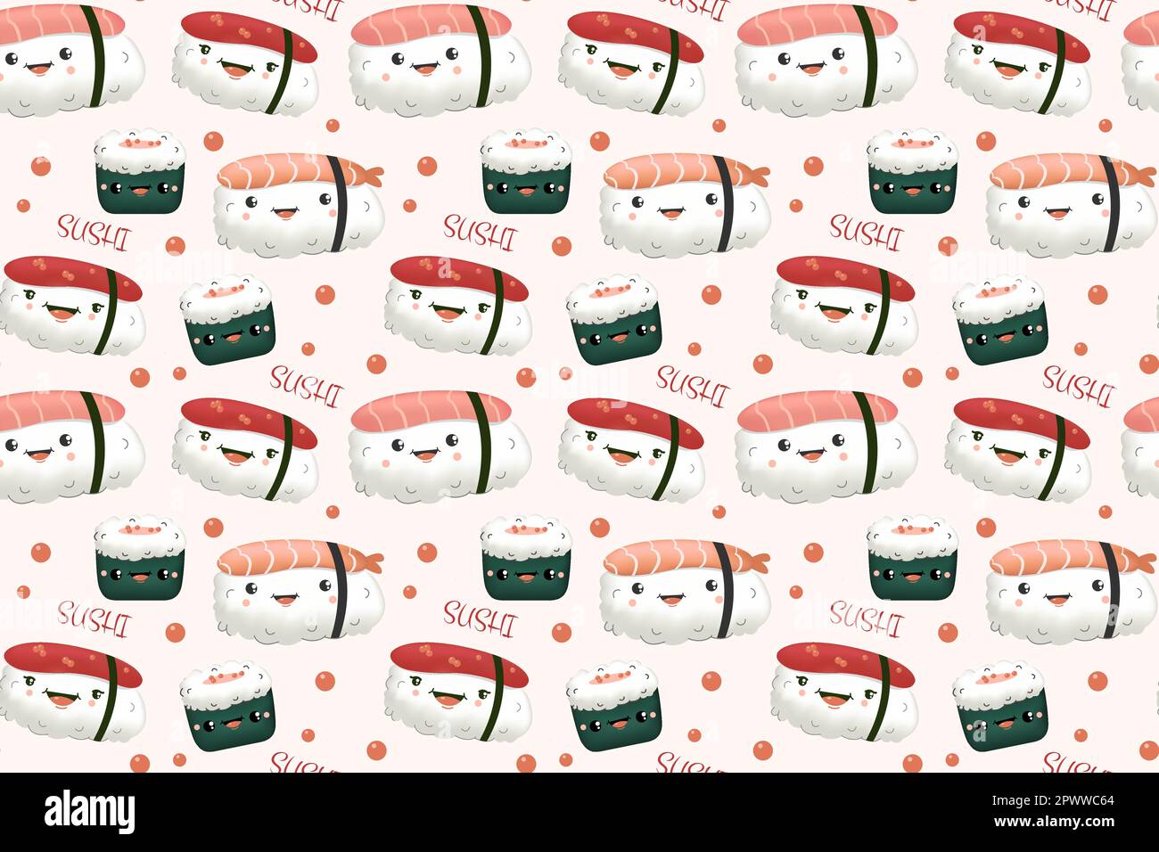 Hand drawn various kawaii sushi.Cute pattern Stock Vector