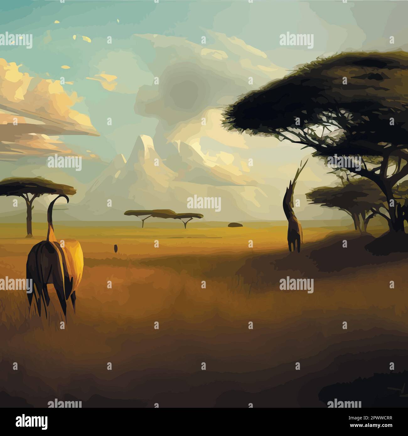 African savanna landscape, African wildlife cartoon with green trees