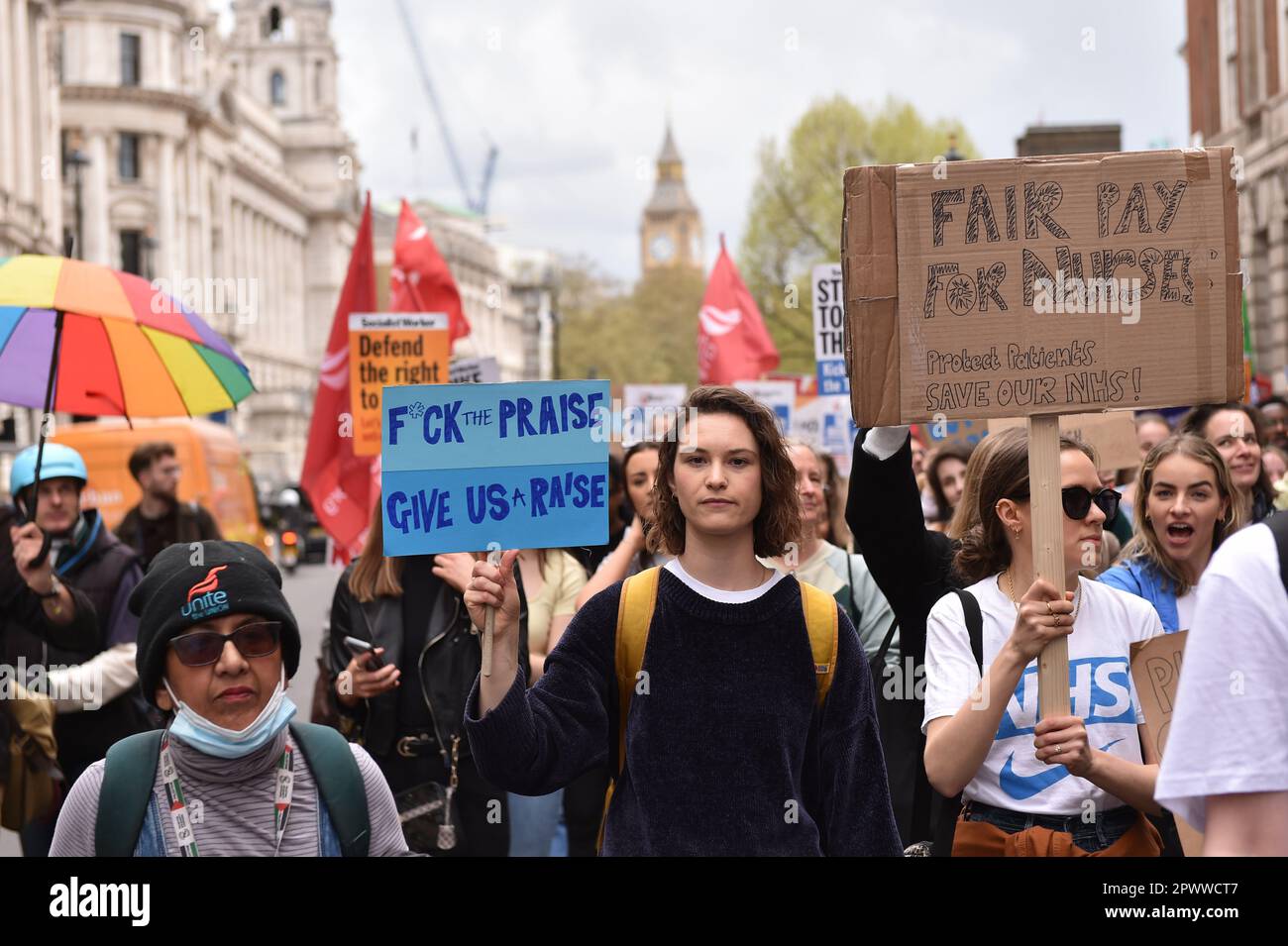 London, England, UK. 1st May, 2023. Protester holds a placard 