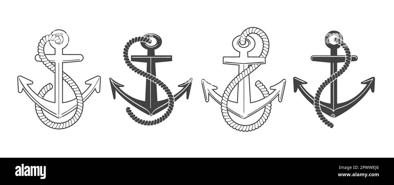 Set of black and White Ship Anchors isolated on white. Vector illustration. - Stock Image