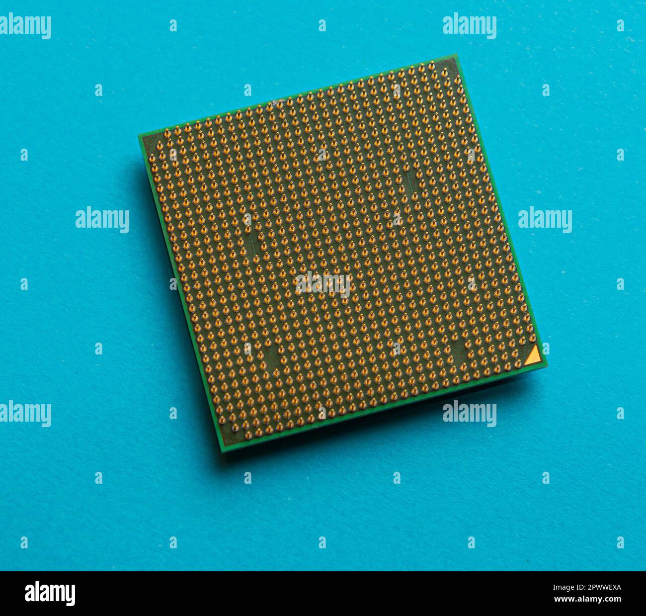 Gothenburg, Sweden - March 08 2014: Pins of an AMD Athlon 64 X2 CPU on blue background. Stock Photo