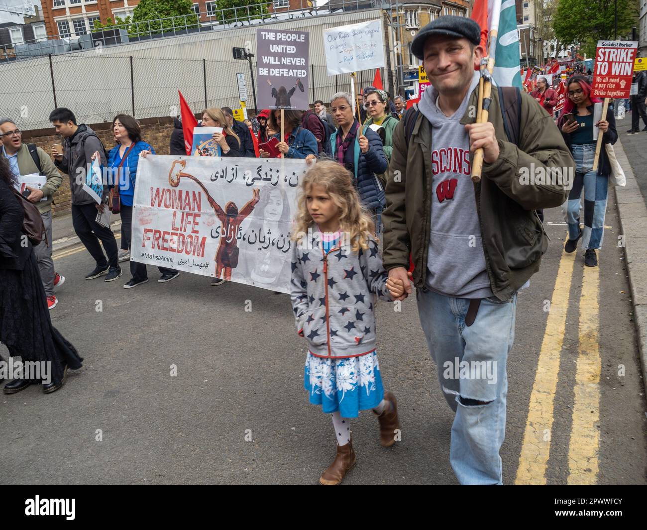 London, UK. 1 May 2023. Woman, Life, Freedom banner for Iran. Several ...